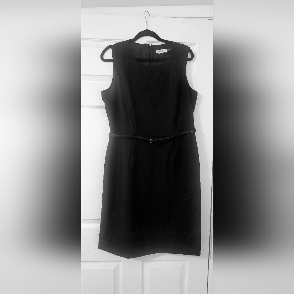 Calvin Klein Women Black Sleeveless Sheath Dress Sz 14 Belted Office Party